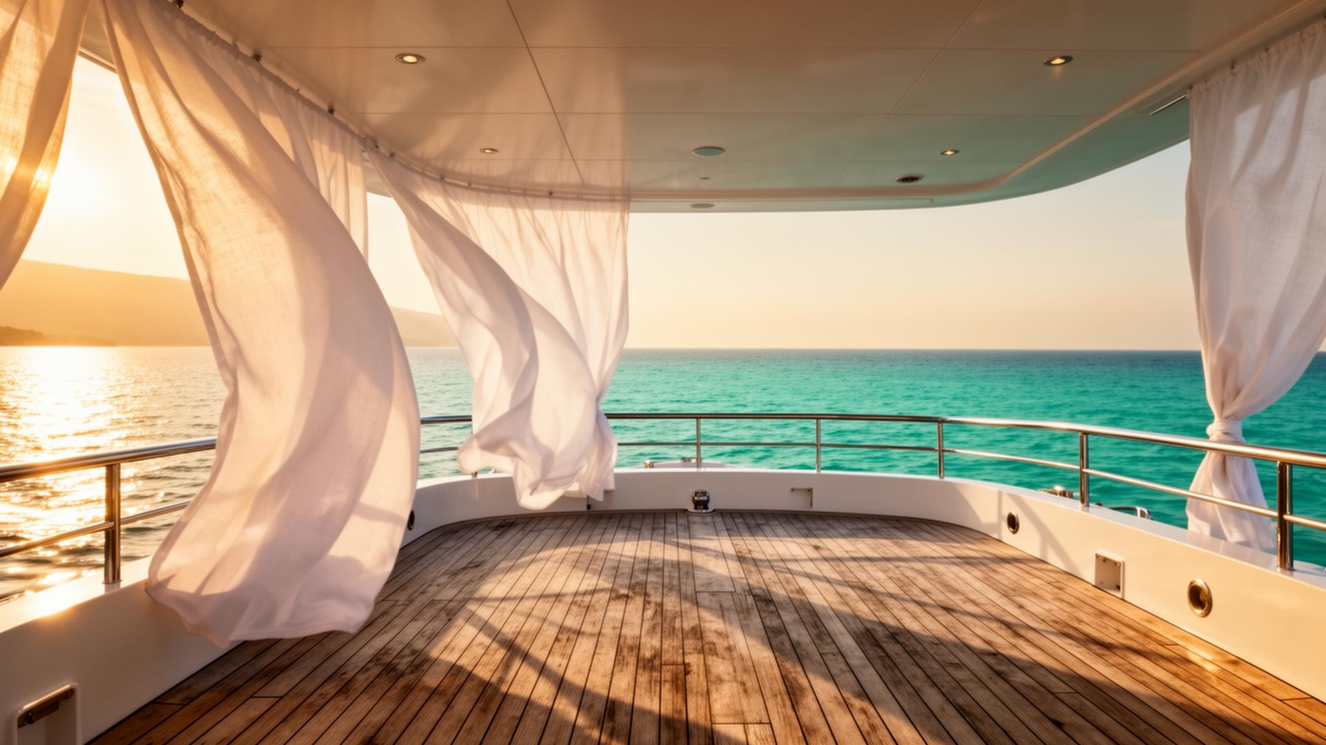 Linen curtains drifting on a teak yacht deck at golden hour over the Mediterranean